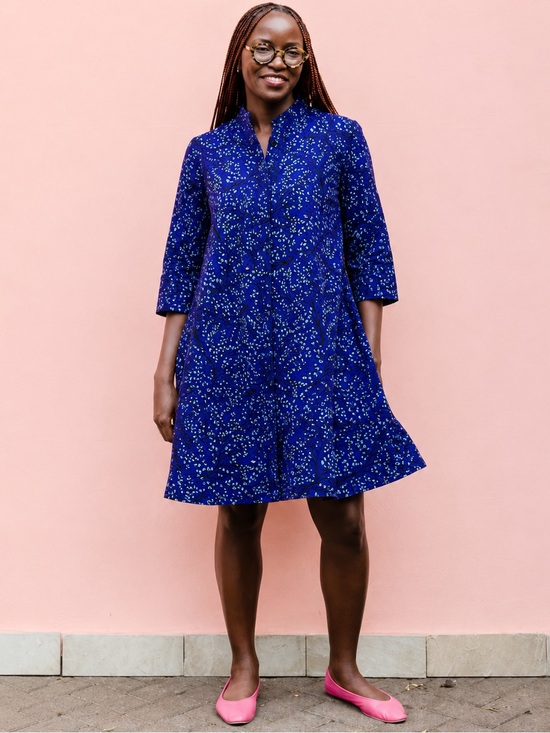 Zuri Dresses & Skirts - NWT Zuri Ultramarine Leaf Print Shirt Dress Handmade Kenya 100% Cotton Size 3X